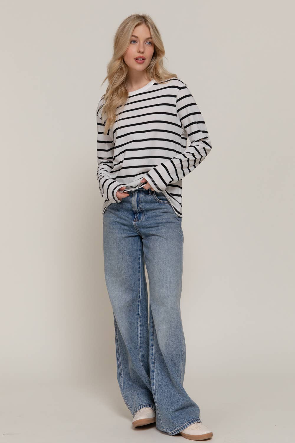 Striped Long Sleeve Round Neck Cotton Top
