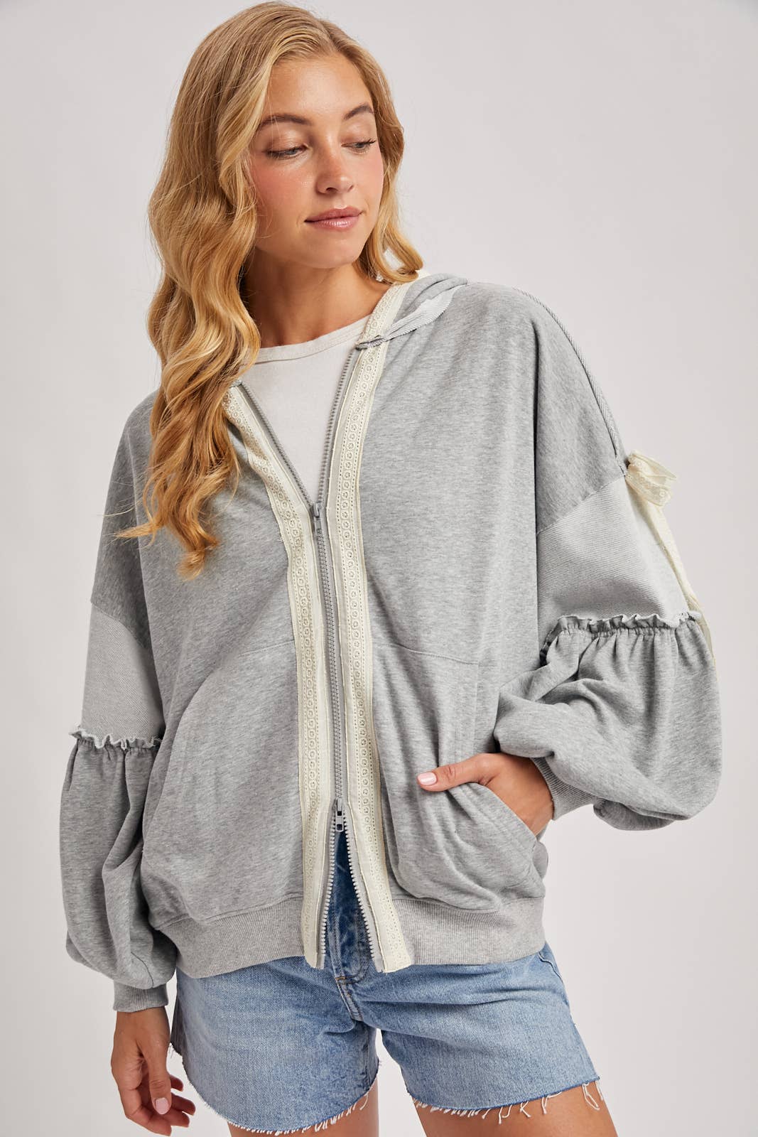 Balloon Sleeve Lace Trimmed Zipper Front Hoodie