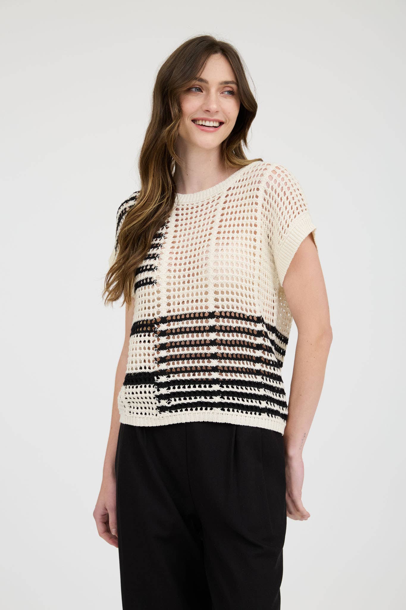 Multi Stripe Short Sleeve Sheer Crochet Knit Top