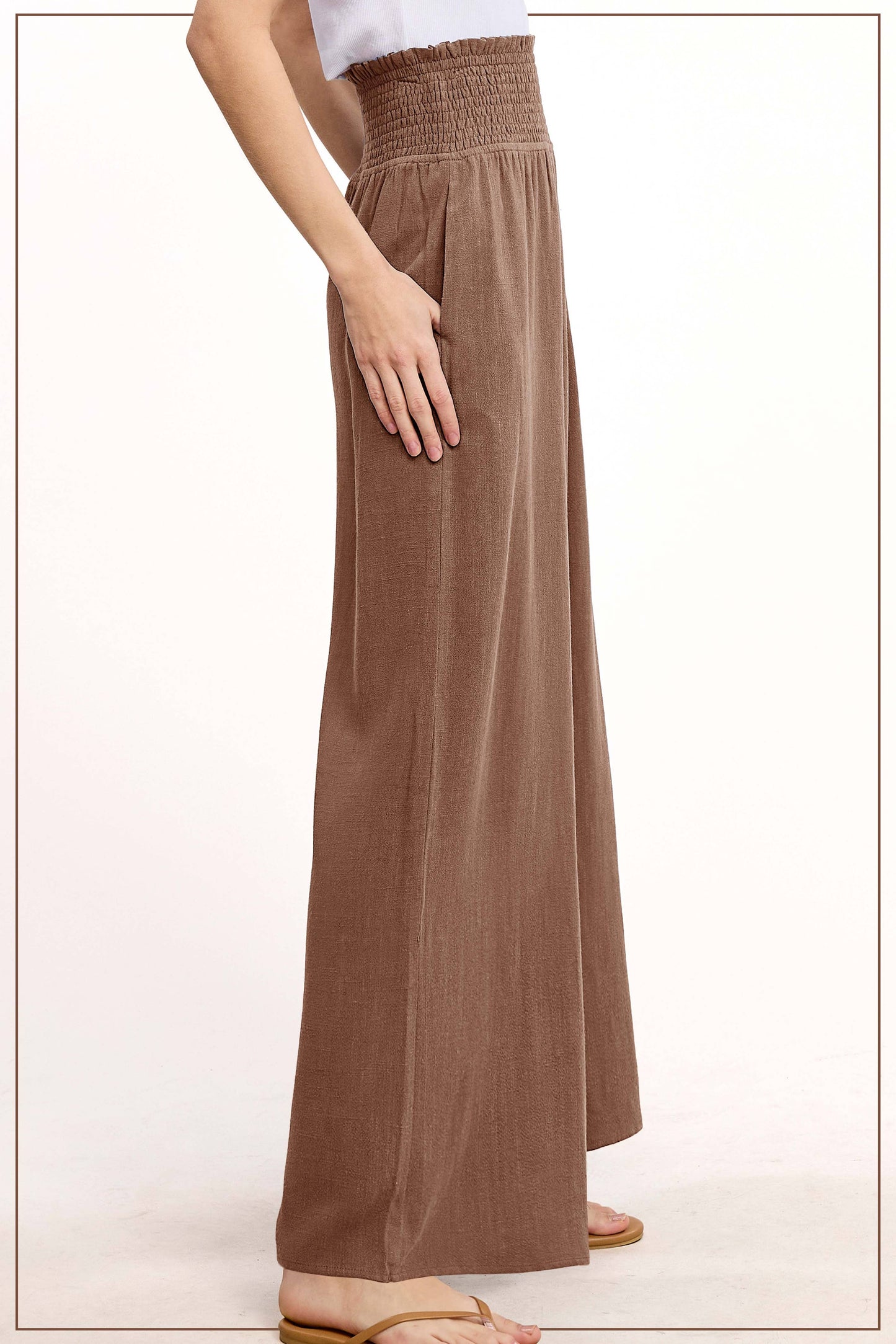 Smocked Waist High Waist Pants with Side Pockets