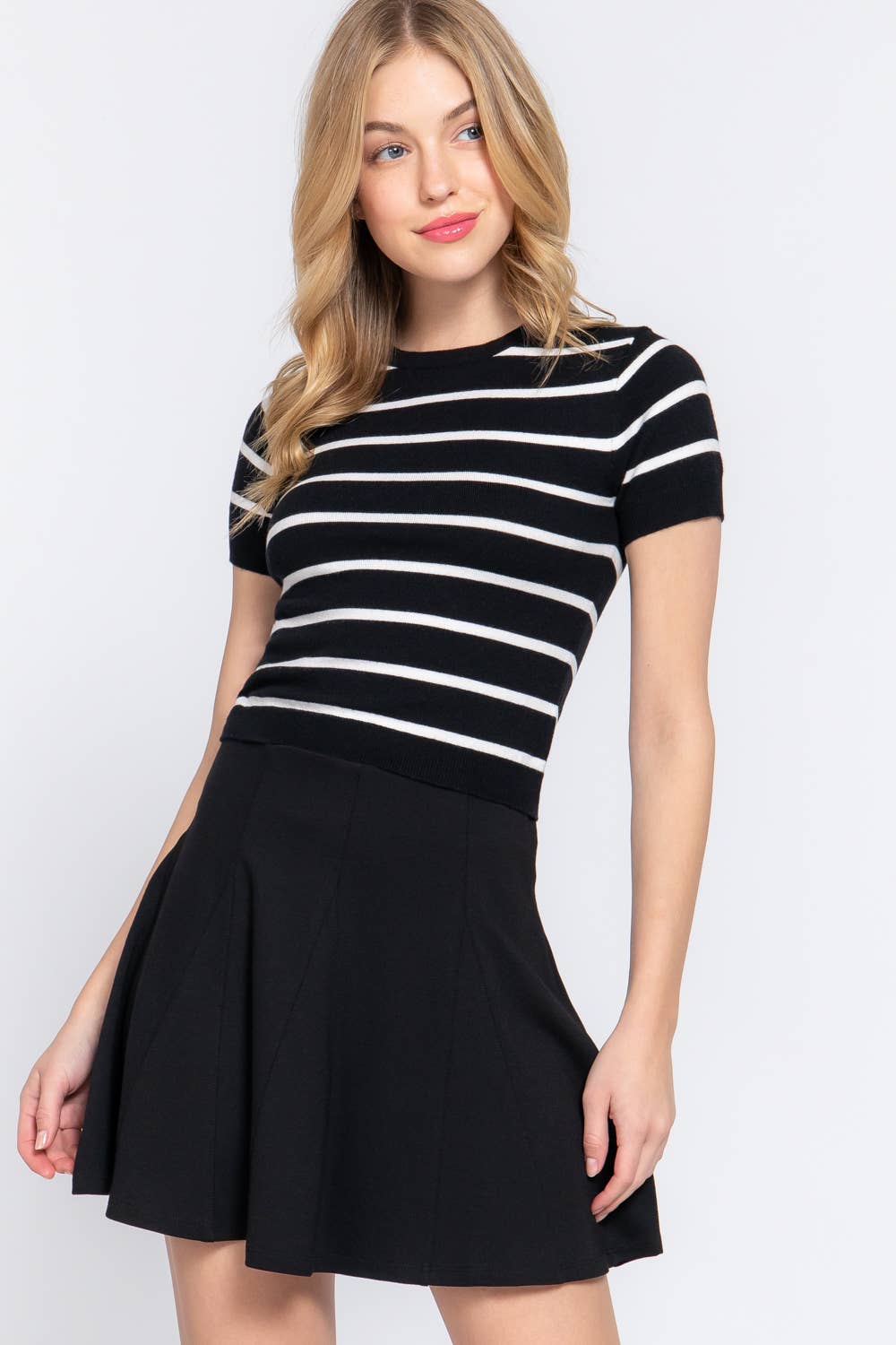 Short Sleeve Crew Neck Stripe Sweater
