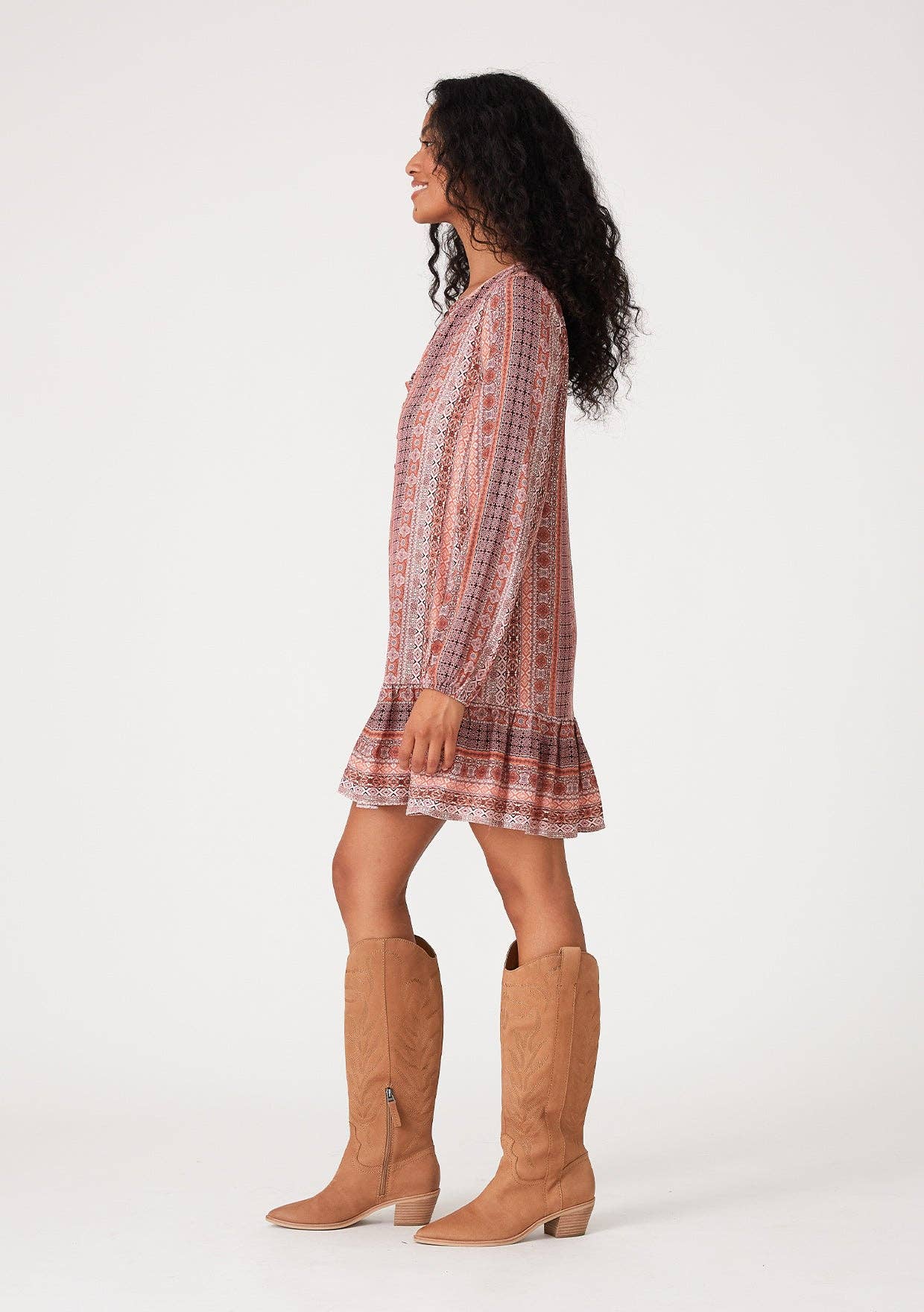 Bohemian Long Sleeve Drop Waist Mini Dress