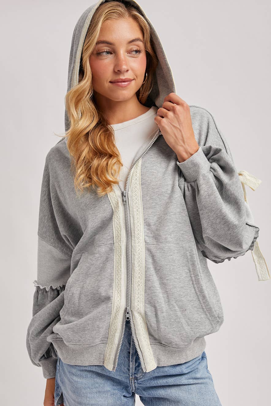 Balloon Sleeve Lace Trimmed Zipper Front Hoodie