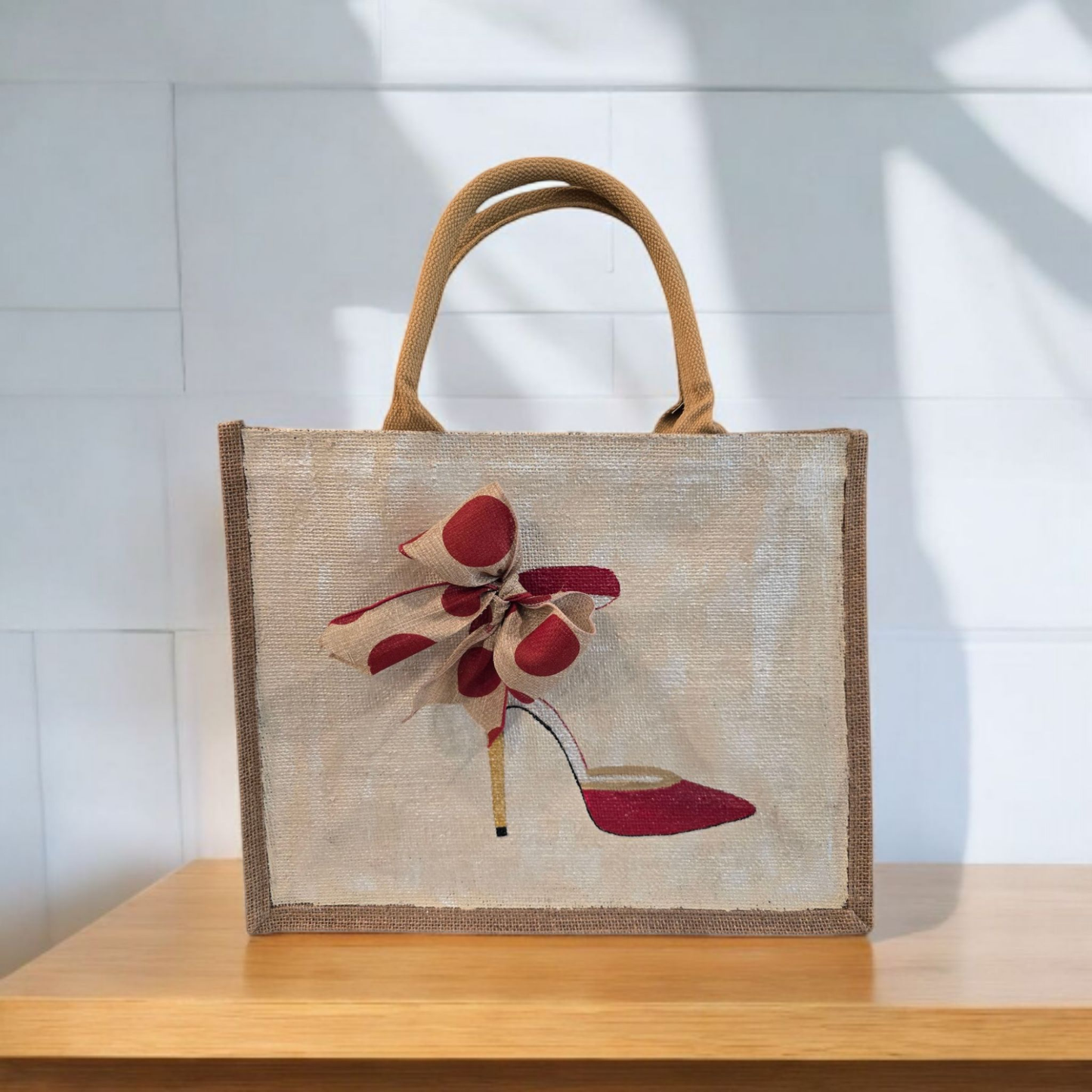 Red and Tan Polka Dot Stiletto Tote Bag