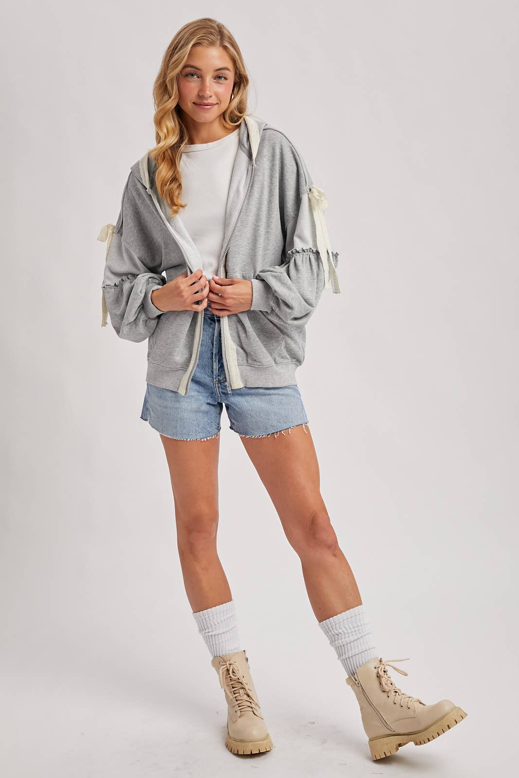 Balloon Sleeve Lace Trimmed Zipper Front Hoodie