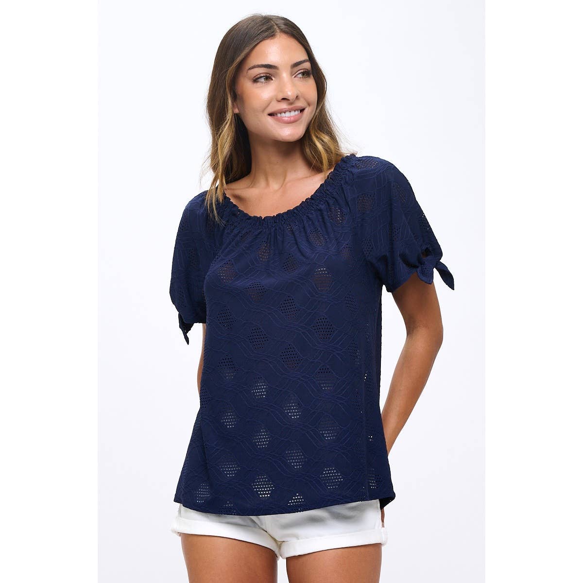 Eyelet Smocking Tie Sleeve Peasant Top