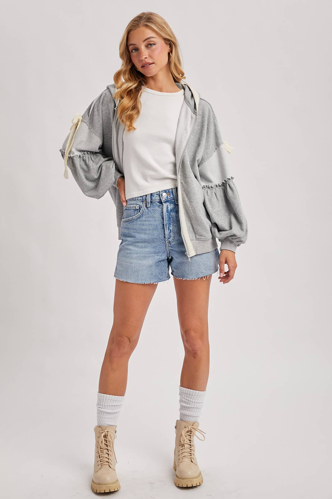 Balloon Sleeve Lace Trimmed Zipper Front Hoodie