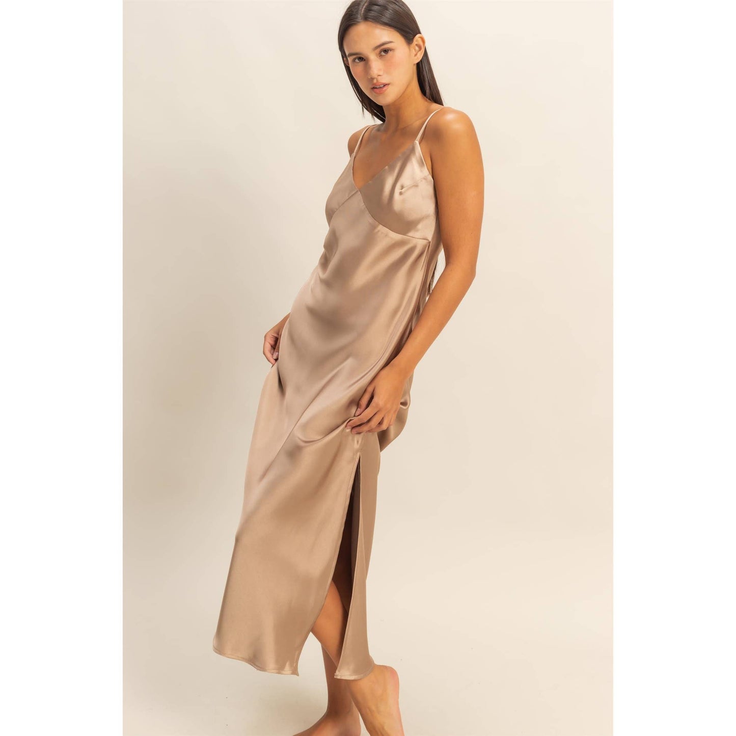 Satin Midi Dress With A Side Slit