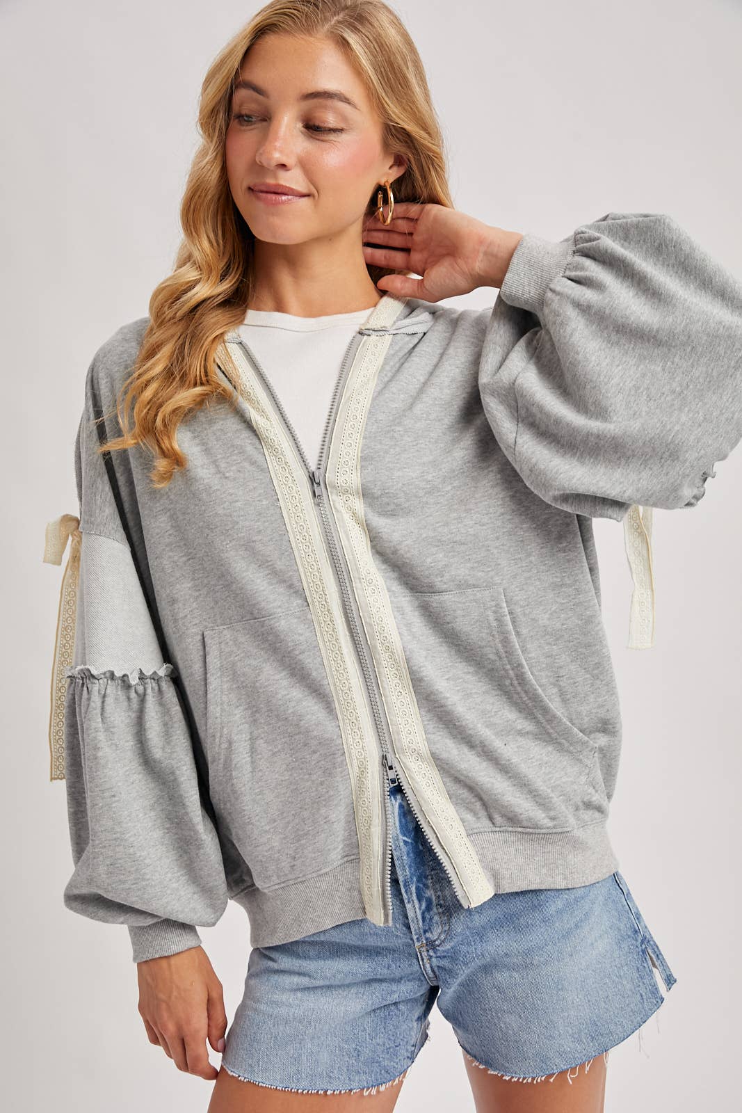 Balloon Sleeve Lace Trimmed Zipper Front Hoodie