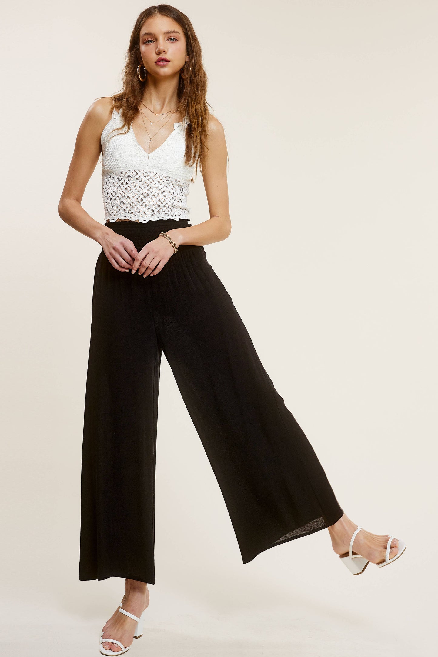 Wide Leg Smocked Elastic Waist Pants With Pockets