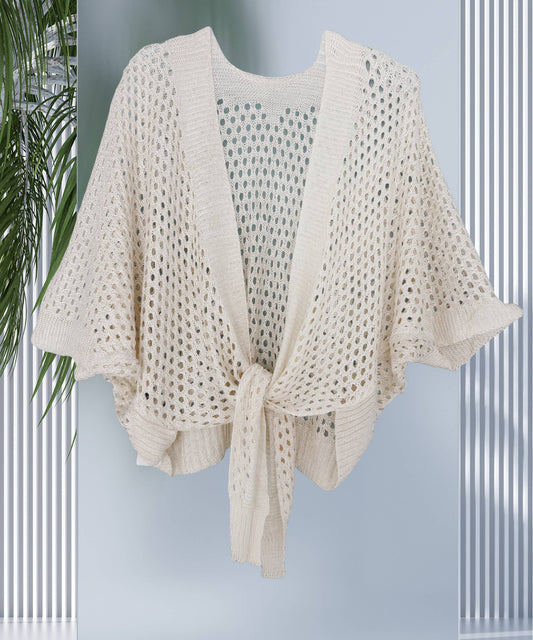 Eyelet Open-Knit Metallic Cardigan with Front Tievit. I
