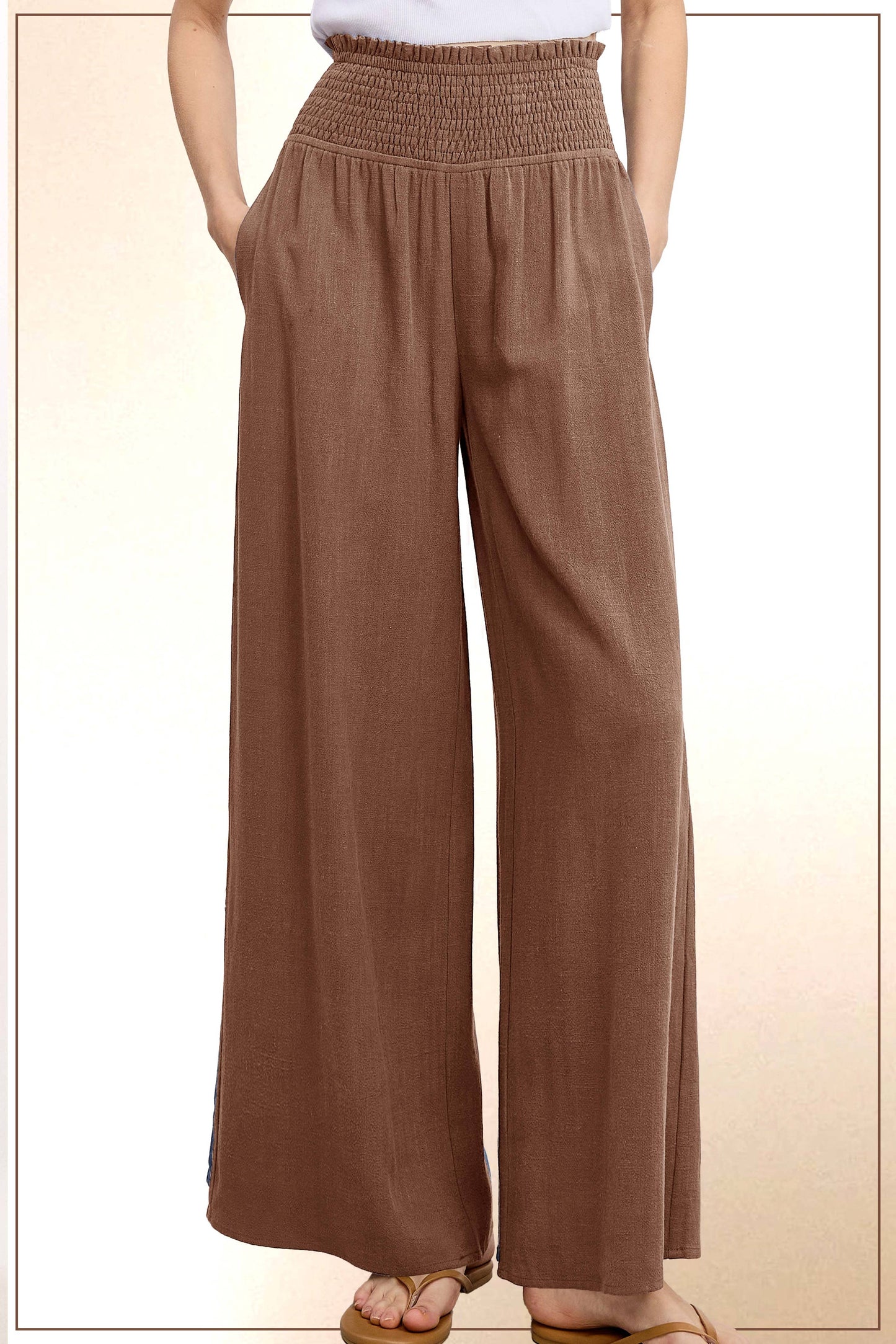 Smocked Waist High Waist Pants with Side Pockets