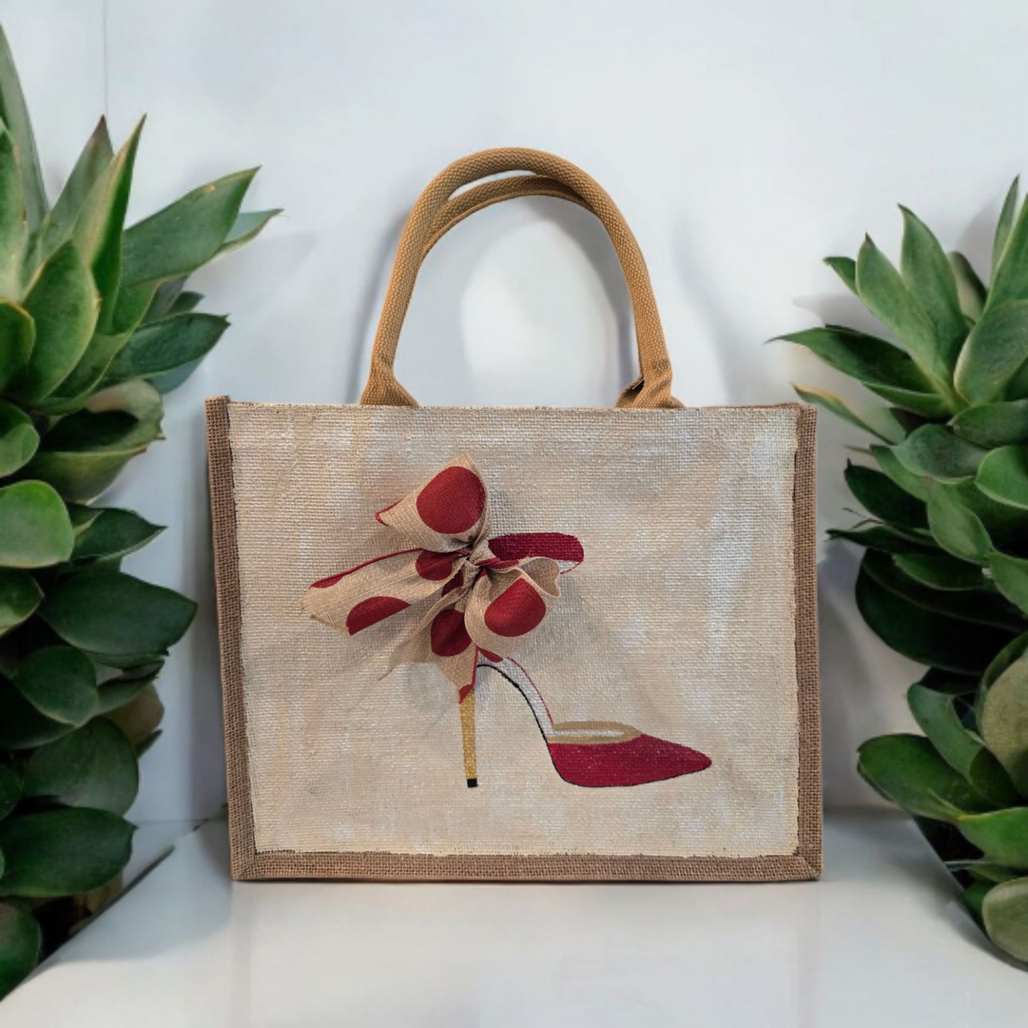 Red and Tan Polka Dot Stiletto Tote Bag