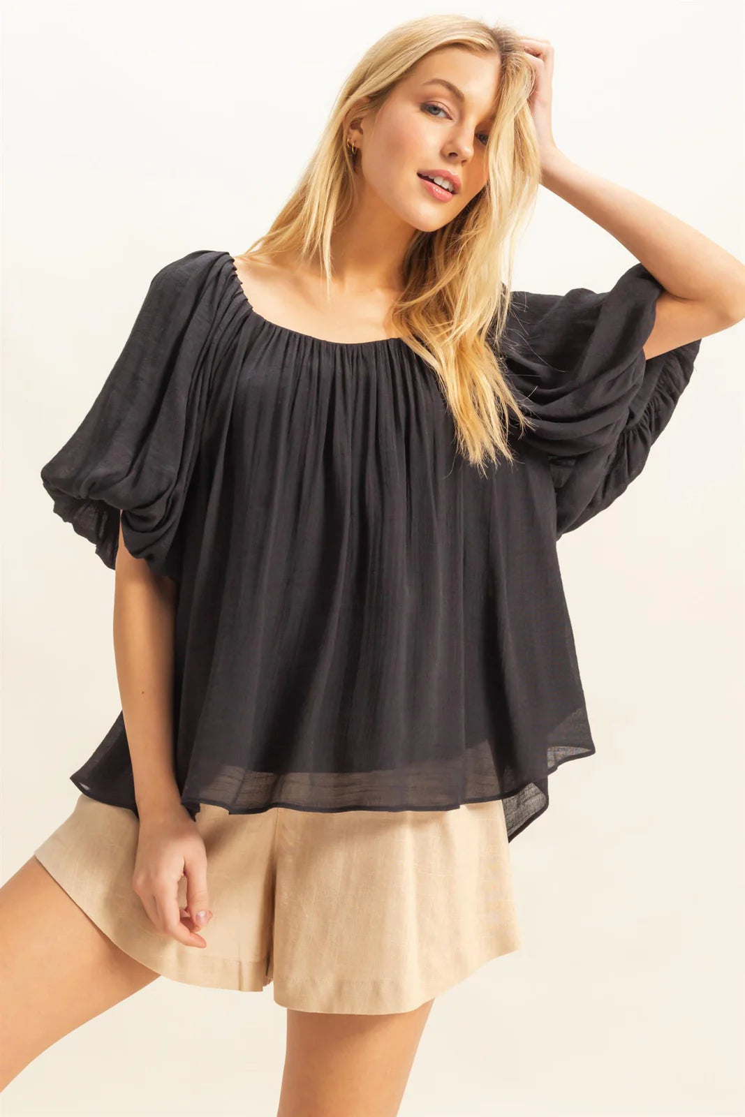 Flowy Top with Shirred Short Sleeve