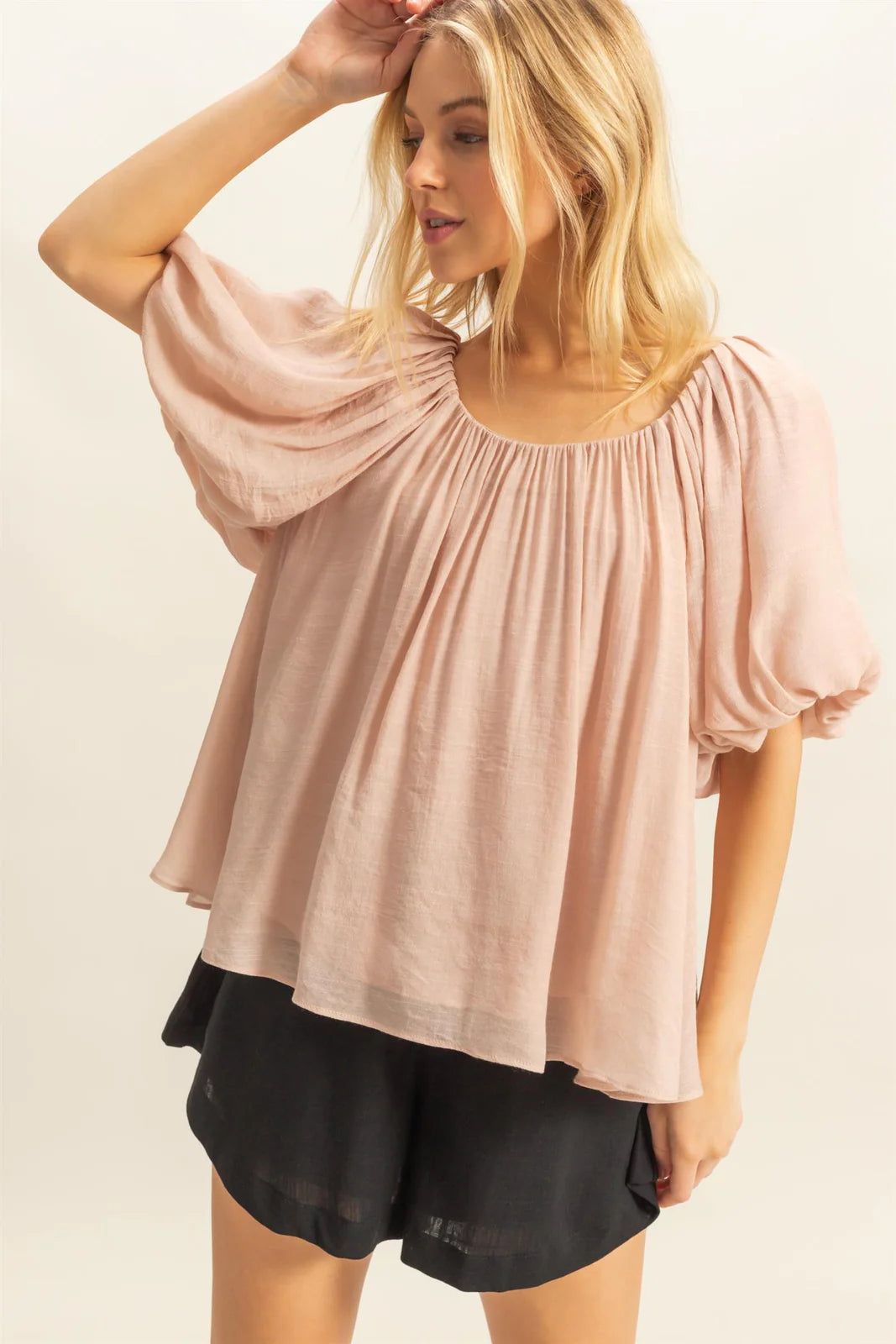 Flowy Top with Shirred Short Sleeve