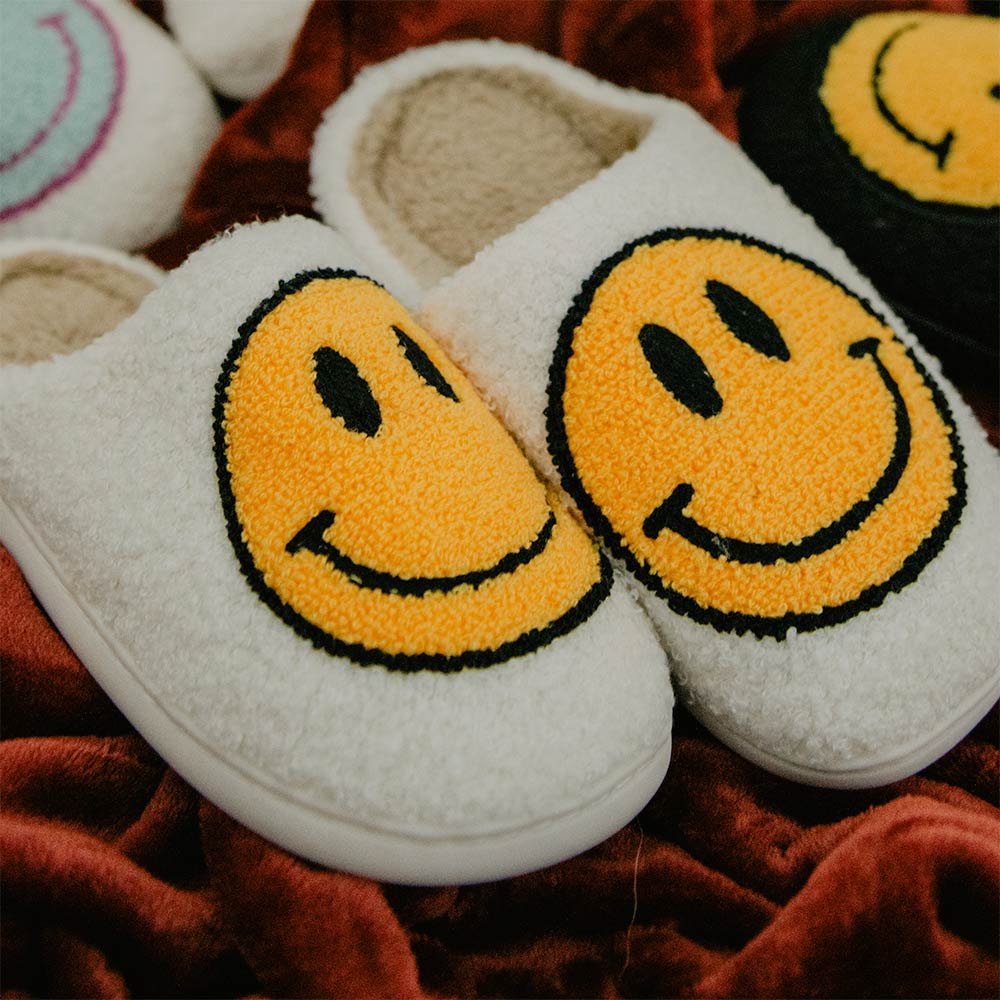 Katydid White Fuzzy Happy Face Slippers