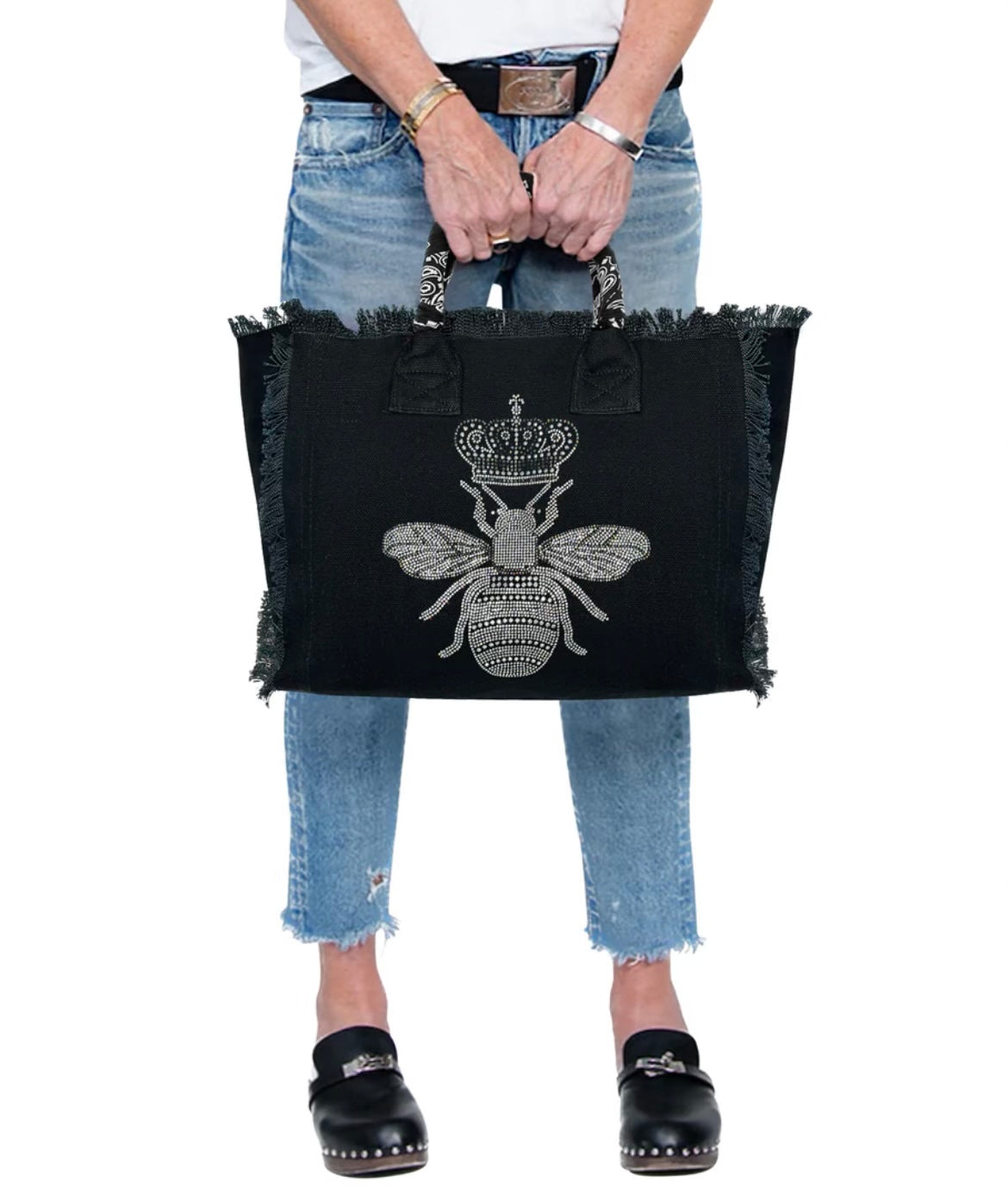 HipChik Fringe Canvas Bandana Queen Bee Blk