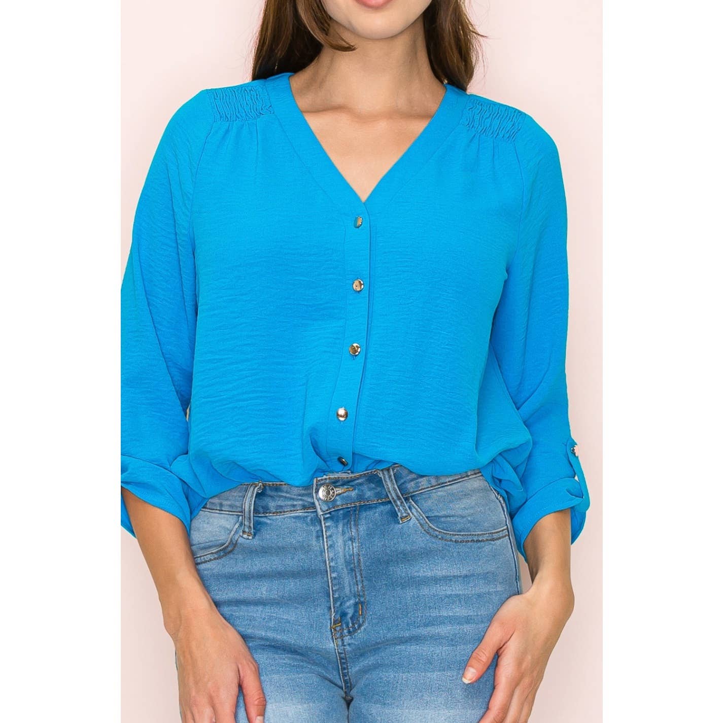 V-Neck Air Flow Smocking Shoulder Tie Front Shirt