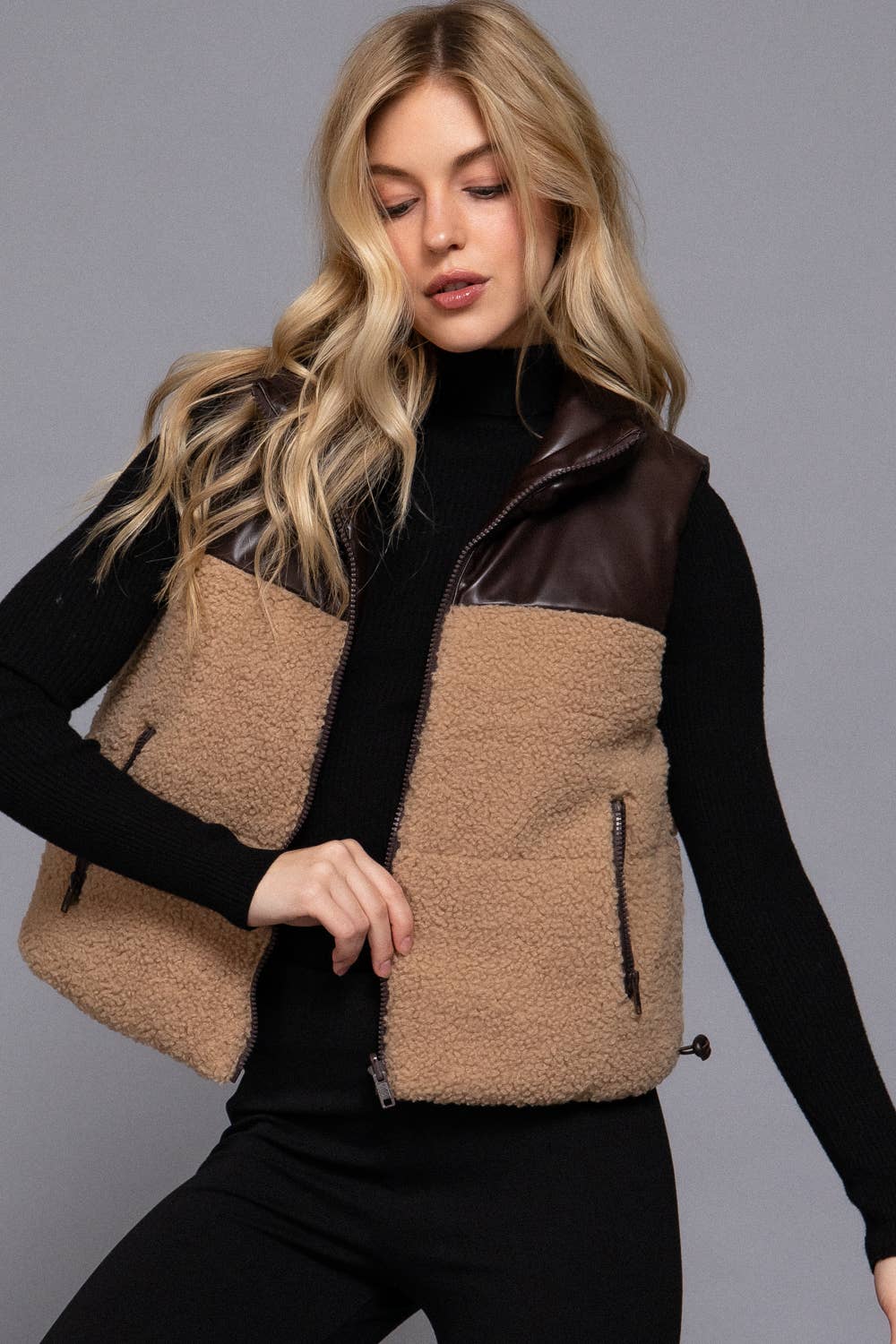 Reversible Faux Leather-Sherpa Contrast Padding Crop Vest