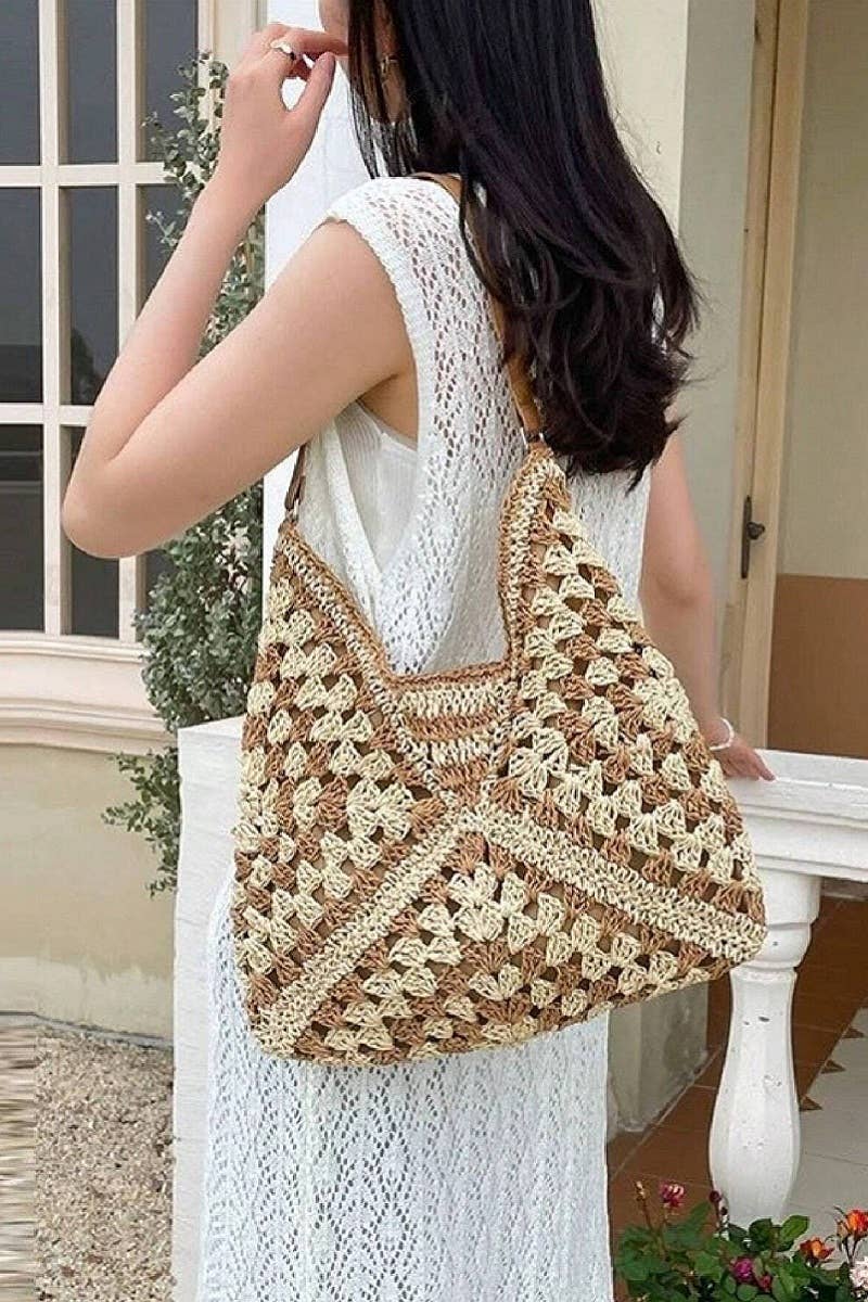 Woven Straw Crochet Bucket Shoulder Bag