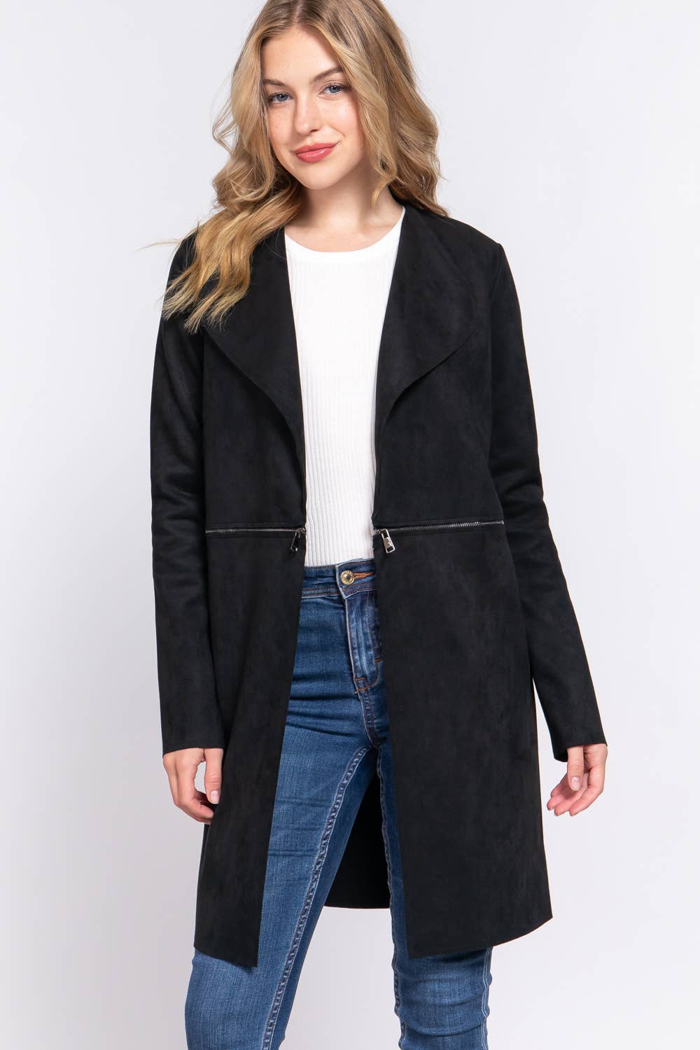 Long Sleeve Front Two Zipper Detail Faux Suede Long Jacket