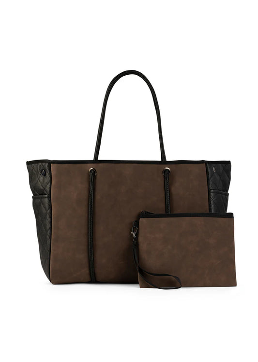 Haute Shore Greyson Tote Expresso Chocolate Vegan Suede/Quilted Black