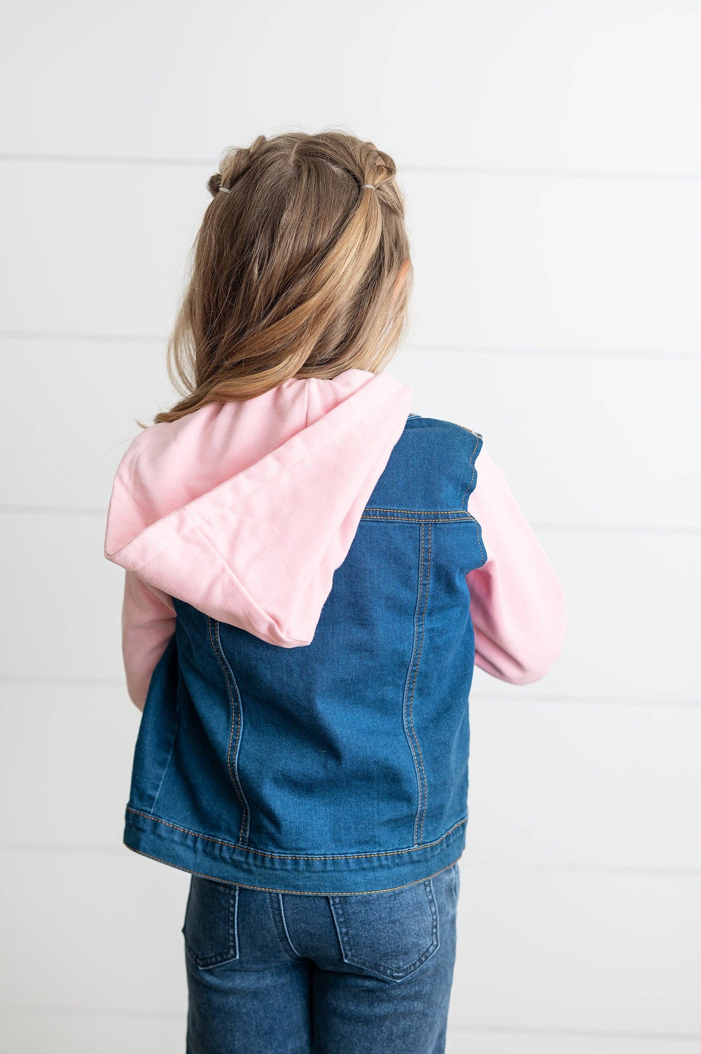 Kids Pink Hoodie Denim and Knit sleeve Jacket
