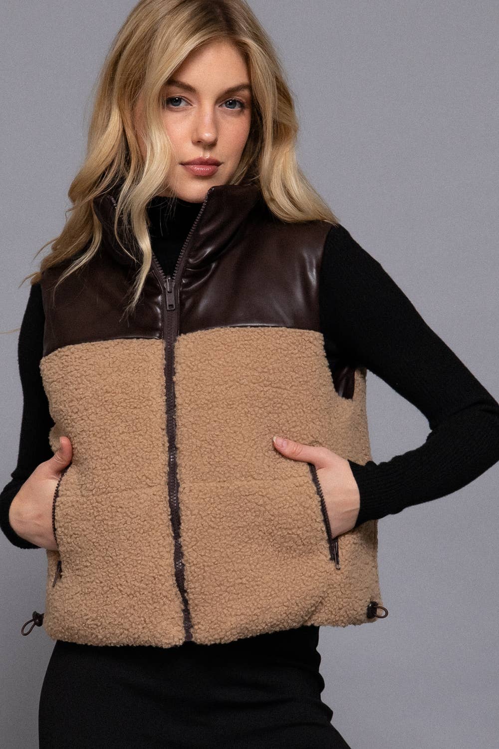 Reversible Faux Leather-Sherpa Contrast Padding Crop Vest