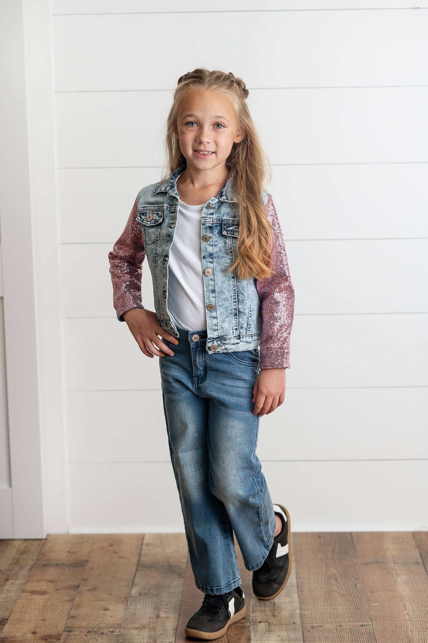 Kids Pink Sequin & Light Wash Denim Jacket