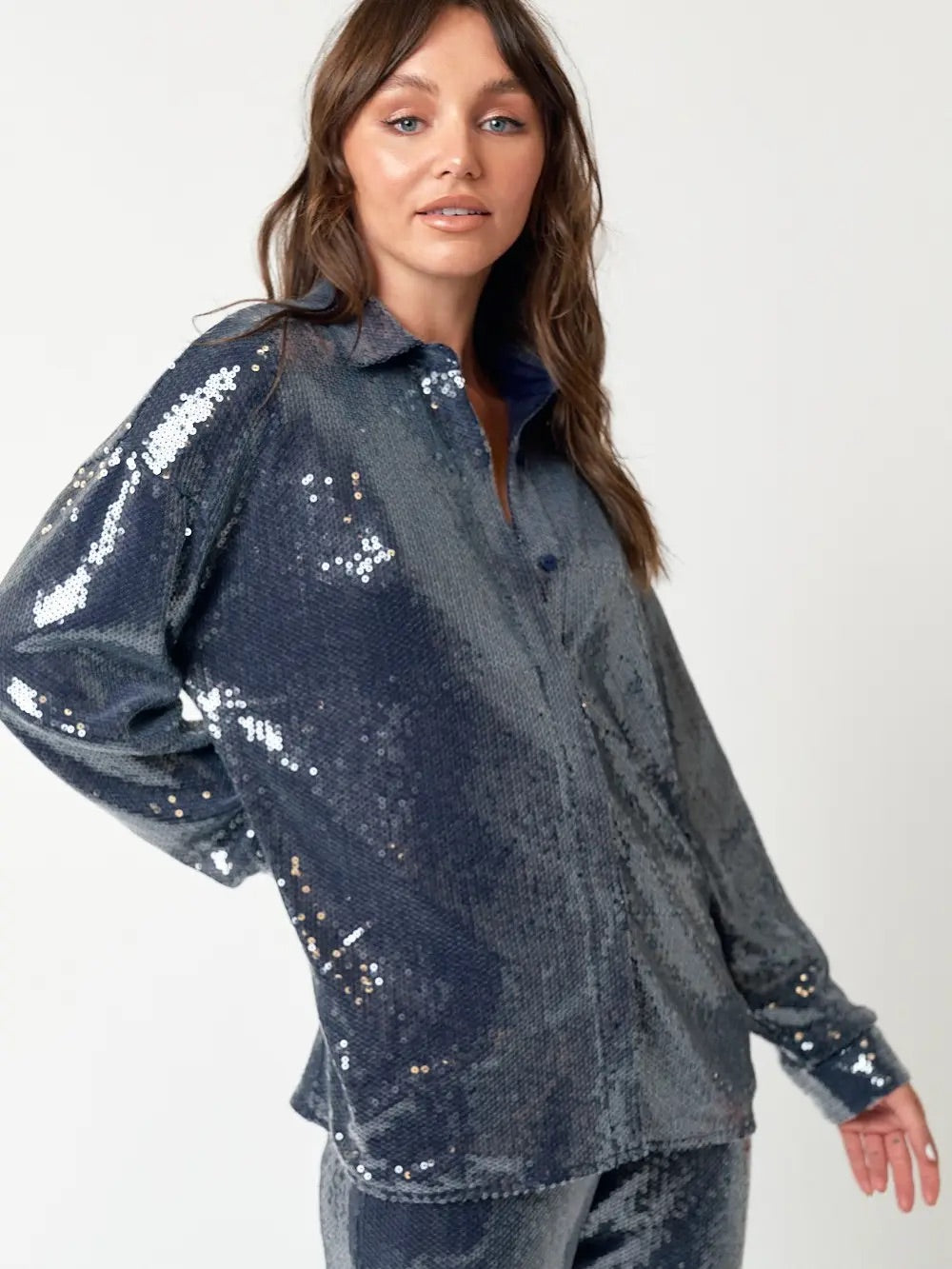 Blue Blush sequin mesh button down shirt