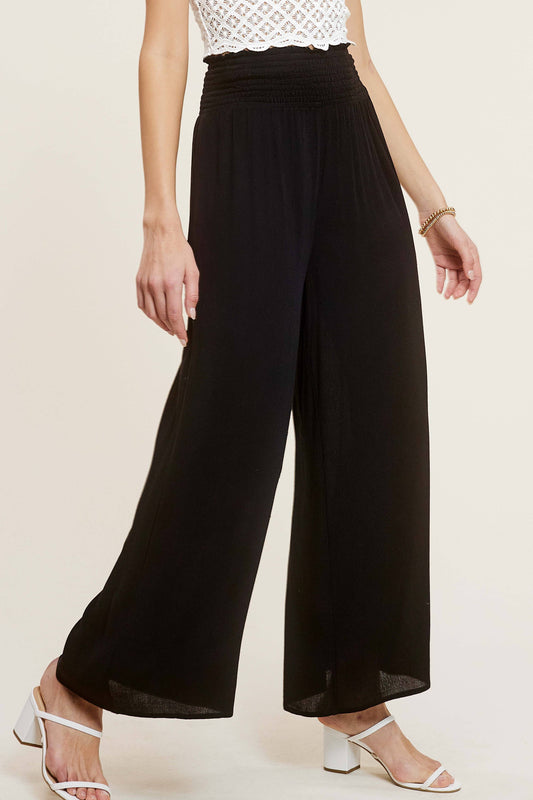 Wide Leg Smocked Elastic Waist Pants With Pockets