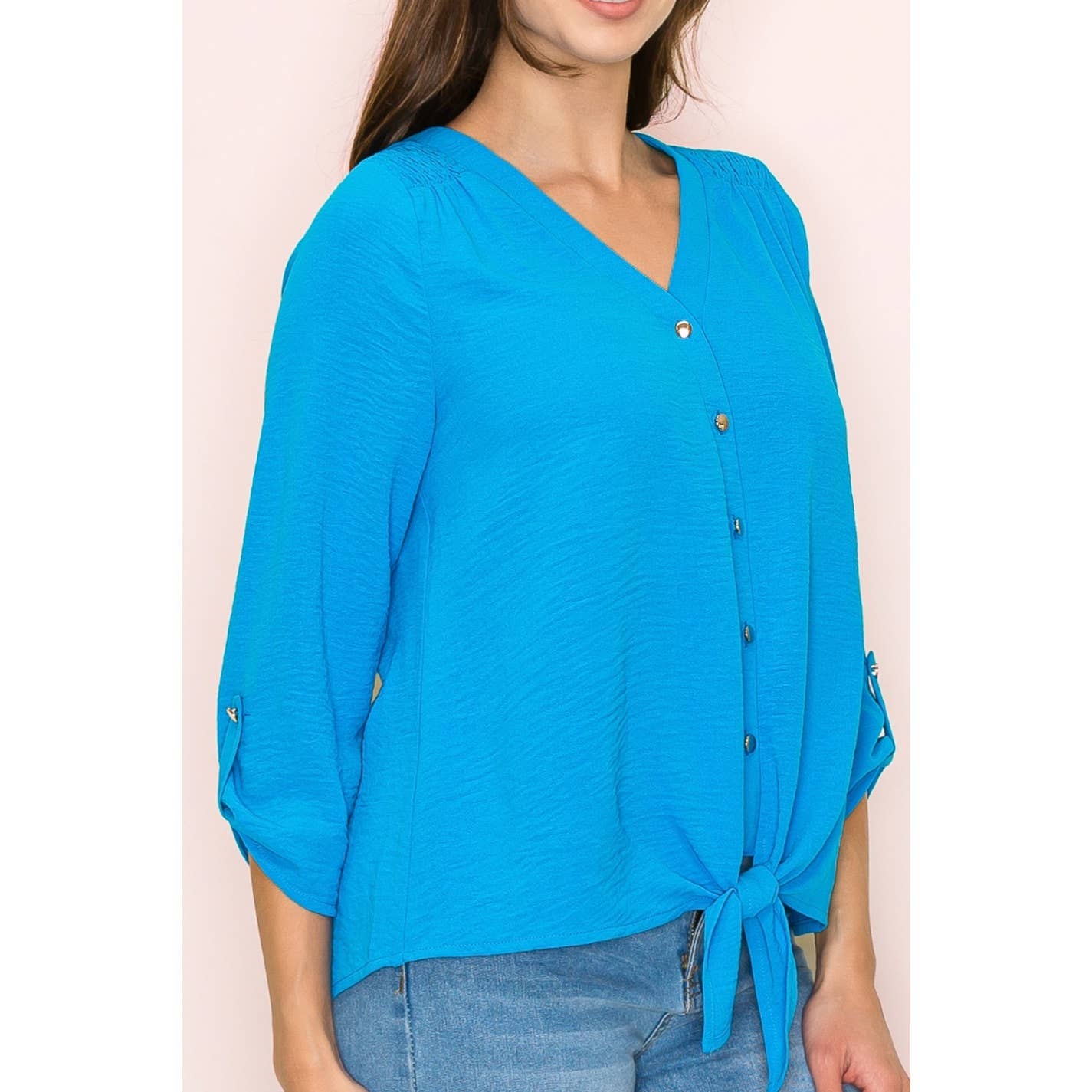 V-Neck Air Flow Smocking Shoulder Tie Front Shirt