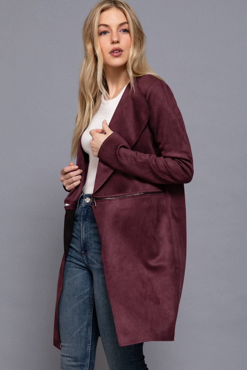 Long Sleeve Front Two Zipper Detail Faux Suede Long Jacket
