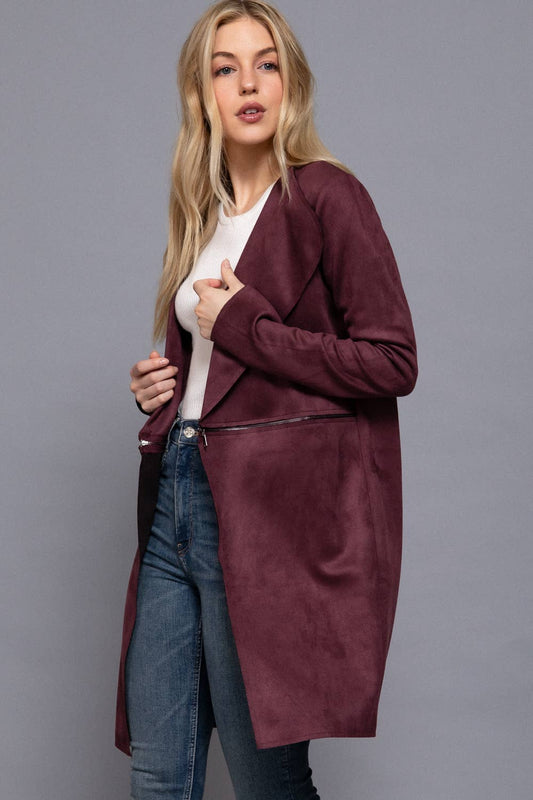 Long Sleeve Front Two Zipper Detail Faux Suede Long Jacket