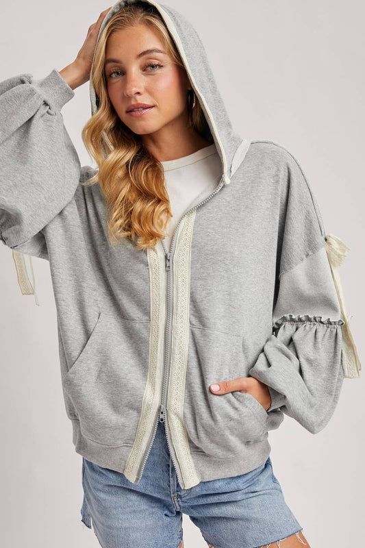 Balloon Sleeve Lace Trimmed Zipper Front Hoodie