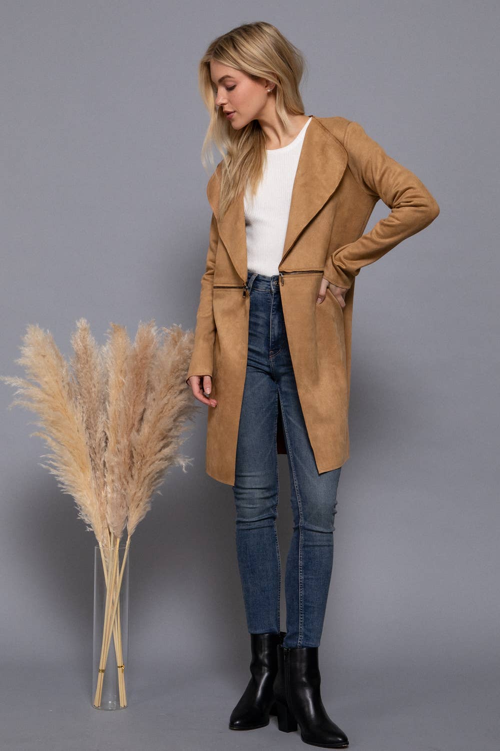 Long Sleeve Front Two Zipper Detail Faux Suede Long Jacket