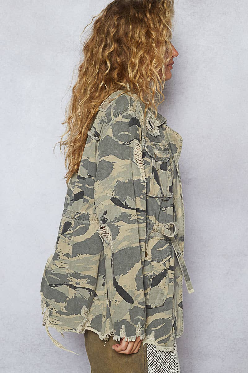 Camo Print Zipper Waist Tie Jacket with Pockets