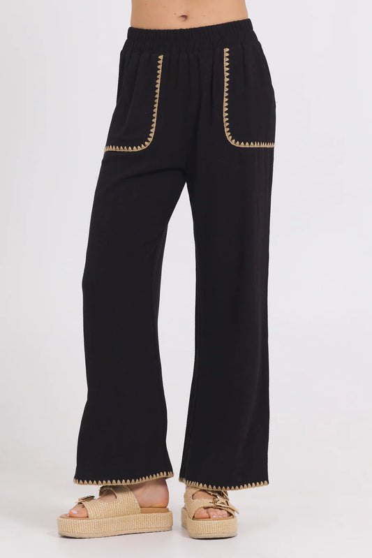 Black Wide Leg Pant with Tan Whip Stitch