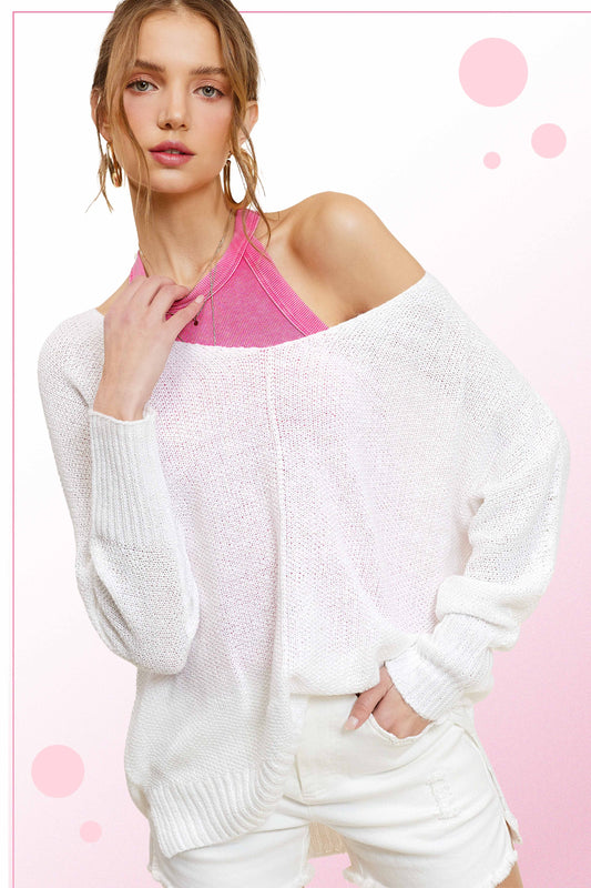 La Miel Soft Light Weight V-Neck Sweater Top Ivory