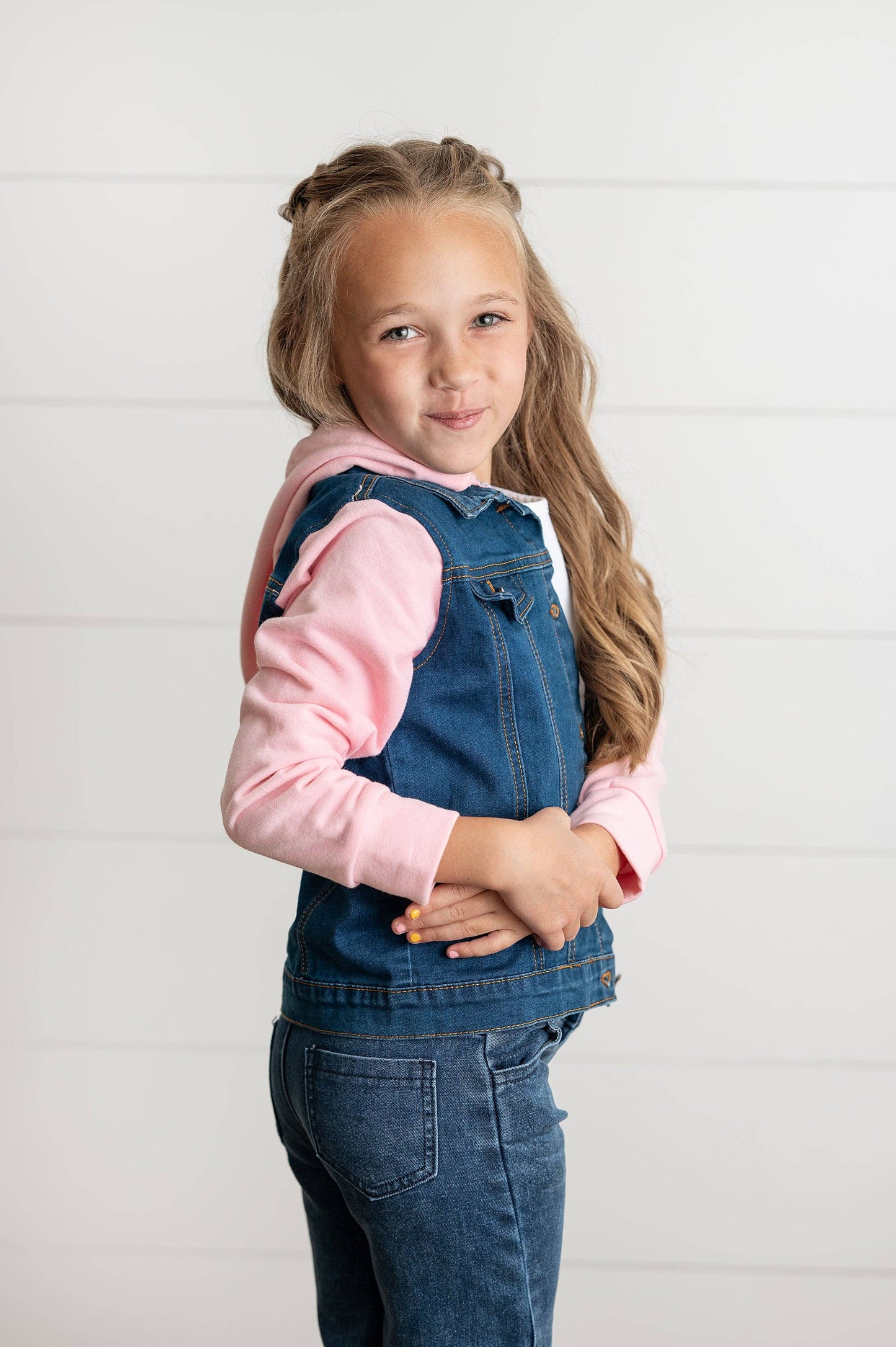 Kids Pink Hoodie Denim and Knit sleeve Jacket