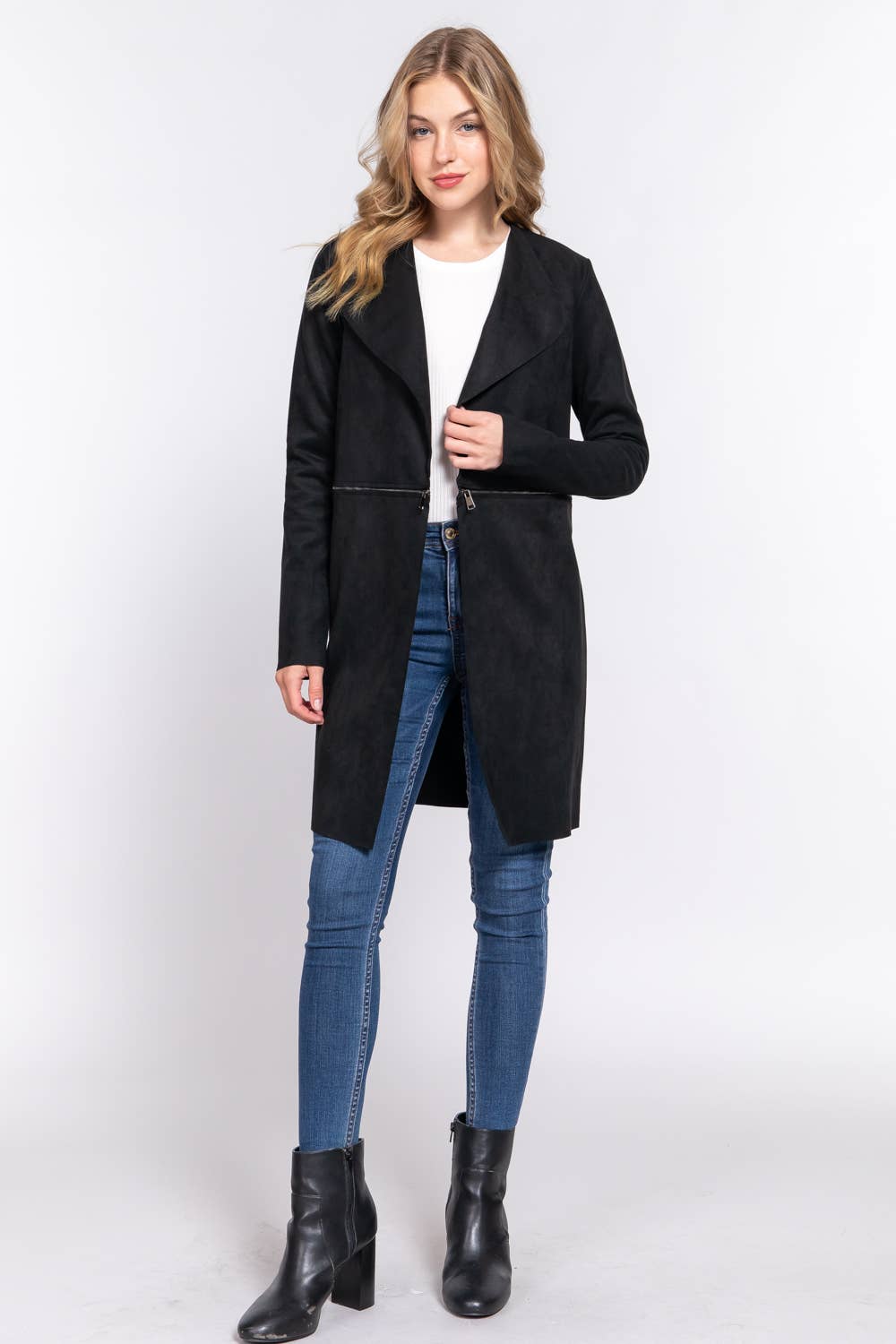 Long Sleeve Front Two Zipper Detail Faux Suede Long Jacket