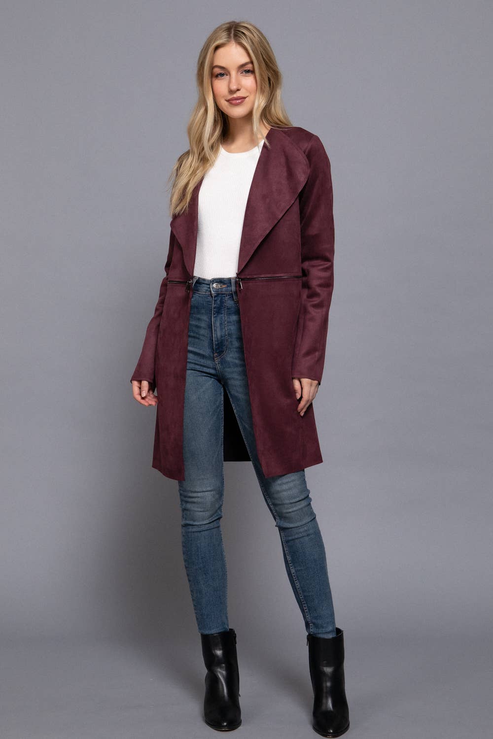 Long Sleeve Front Two Zipper Detail Faux Suede Long Jacket