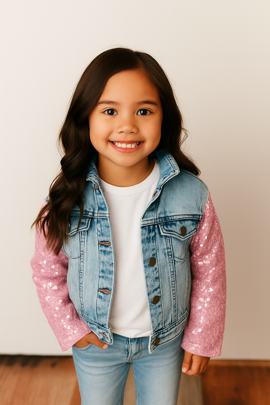 Kids Pink Sequin & Light Wash Denim Jacket
