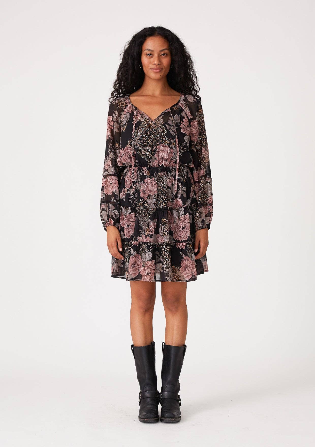 Floral Long Sleeve Smocked Tiered Mini Dress