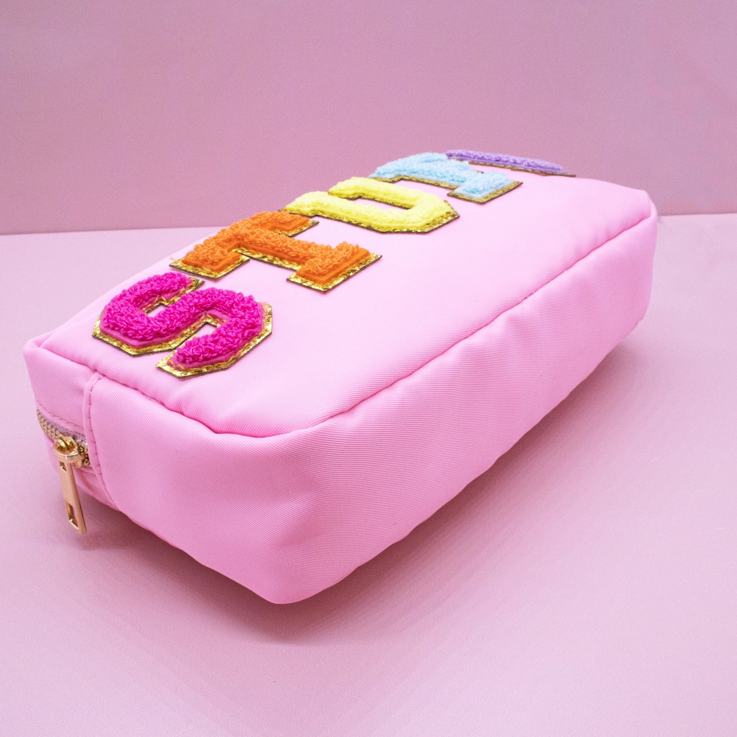 Pink Preppy Nylon Chenille Letter Travel Makeup Pouch - STUFF