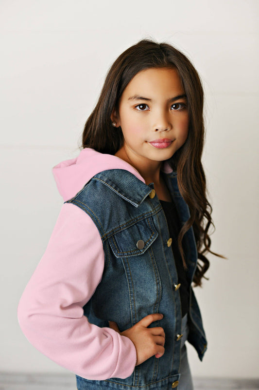 Kids Pink Hoodie Denim and Knit sleeve Jacket