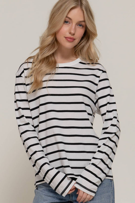 Striped Long Sleeve Round Neck Cotton Top