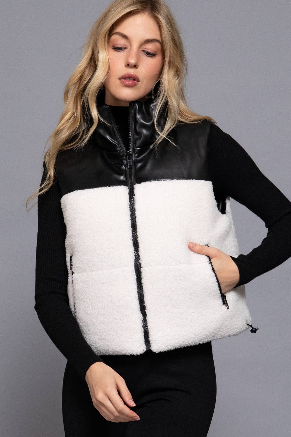 Reversible Faux Leather-Sherpa Contrast Padding Crop Vest