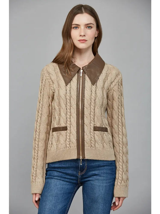 Cable Knit Faux Leather Trim Zipper Sweater