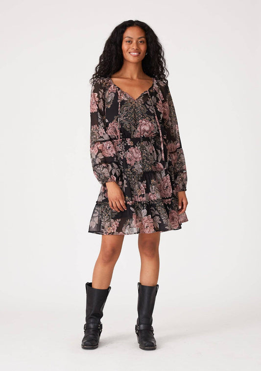 Floral Long Sleeve Smocked Tiered Mini Dress